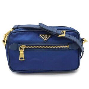 Prada Triangle Logo Shoulder Bag Crossbody 2-Way Pouch Nylon Leather Blue Gold
